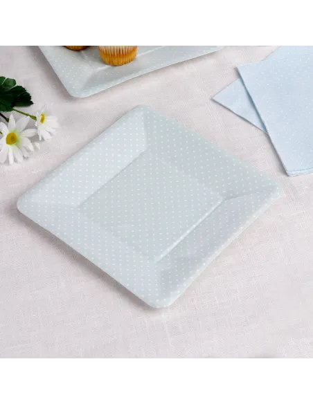 Set 8 platos de papel azules con lunares blancos