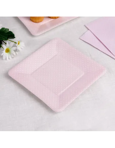 Set 8 platos de papel rosa con lunares blancos