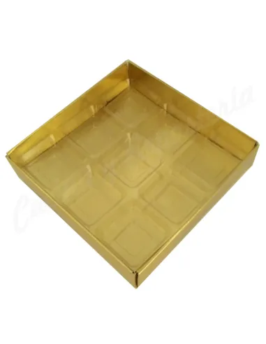 Caja dorada con tapa y alveolo 9 bombones