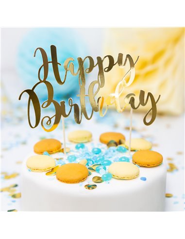 Topper tarta Happy Birthday dorado PartyDeco