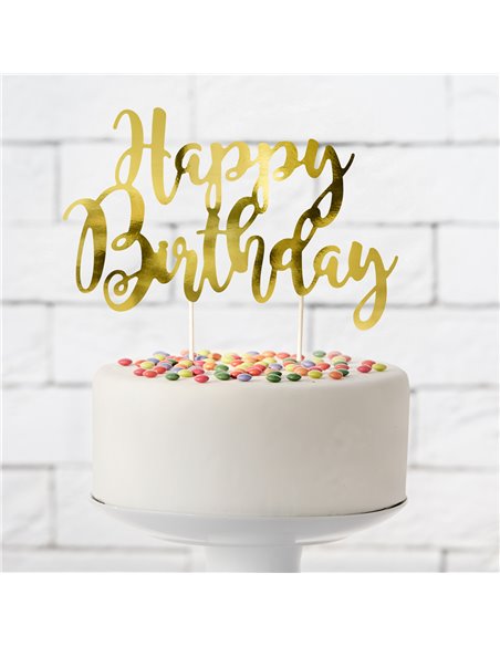 Topper tarta Happy Birthday dorado PartyDeco